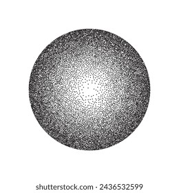 Radial grain pattern, pointillism vector illustration. Abstract circle with gradient stipple noise texture and dots gradation with circular spin effect, monochrome dotwork on white background.