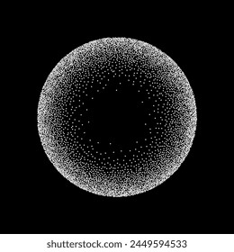 Radial grain pattern, pointillism vector illustration. Abstract circle with gradient stipple noise texture and dots gradation with circular spin effect, monochrome dotwork on black background.