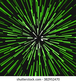 Radial green concentric particles on black background Sun ray or star burst element Zoom effect Square fight stamp for card Space light trail Superhero frame Explosion vector illustration