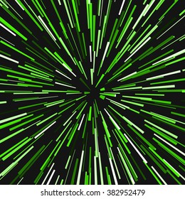 Radial green concentric particles on black background Sun ray or star burst element Zoom effect Square fight stamp for card Space light trail Superhero frame Explosion vector illustration