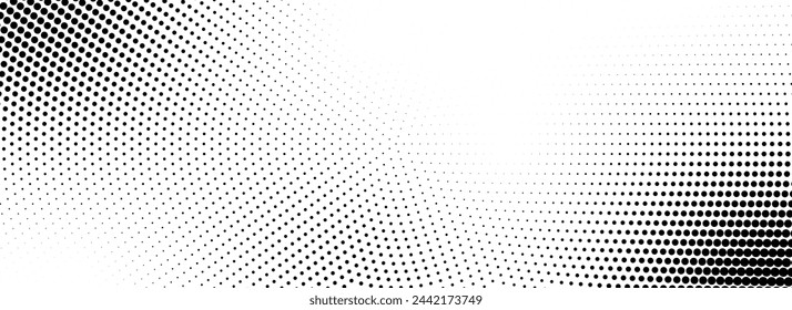 Textura cómica de semitonos radiales. Fondo de líneas de puntos de círculo abstracto. Fondo de degradado de punto de arte pop negro. Dibujos animados retro grunge para póster, superposición, cubierta, impresión. Fondo de pantalla de patrón de ruido vectorial