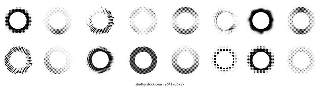 Radial halftone design element collection. Geometric halftone element. Abstract halftone circle