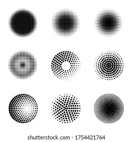 Radial halftone. Different gradient circles, halftone dots graphic digital technology texture, stippling perforated abstract vector radiating elements
