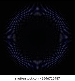 Círculo de ponto de meio-tom radial com gradiente azul sobre fundo preto - design abstrato futurista para visuais técnicos, interfaces digitais e projetos de ficção científica. Vetor editável