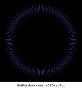 Anel de ponto de meio-tom radial com gradiente azul sobre fundo preto - Design abstrato futurista para visuais técnicos, interfaces digitais e projetos de ficção científica. Vetor editável