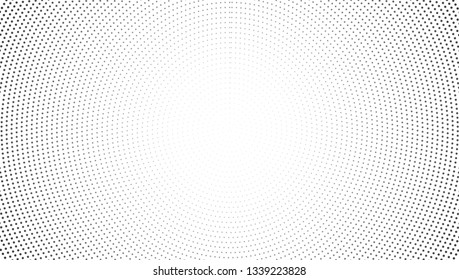 Radial halftone dots. Black dots on white background.