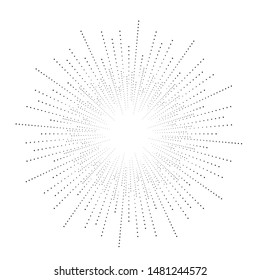 Radial halftone dots in Circle Form for comic books . fireworks Explosion background . Vector Illustration . Starburst
 round Logo . Circular Design element . Abstract Geometric star rays . Sunburst .