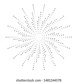 Radial halftone dots in Circle Form for comic books . fireworks Explosion background . Vector Illustration . Starburst
 round Logo . Circular Design element . Abstract Geometric star rays . Sunburst .