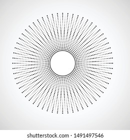 Radial halftone dots in Circle Form for comic books . fireworks Explosion background . Vector Illustration . Starburst
 round Logo . Circular Design element . Abstract Geometric star rays . Sunburst .