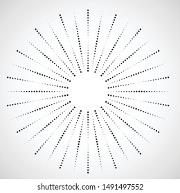 Radial halftone dots in Circle Form for comic books . fireworks Explosion background . Vector Illustration . Starburst
 round Logo . Circular Design element . Abstract Geometric star rays . Sunburst .