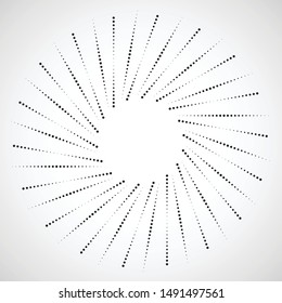 Radial halftone dots in Circle Form for comic books . fireworks Explosion background . Vector Illustration . Starburst
 round Logo . Circular Design element . Abstract Geometric star rays . Sunburst .