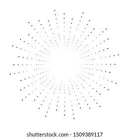 Radial halftone dots in Circle Form for comic books . fireworks Explosion background . Vector Illustration . Starburst
 round Logo . Circular Design element . Abstract Geometric star rays . Sunburst .
