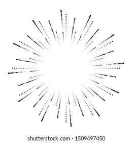 Radial halftone dots in Circle Form for comic books . fireworks Explosion background . Vector Illustration . Starburst
 round Logo . Circular Design element . Abstract Geometric star rays . Sunburst .