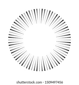 Radial halftone dots in Circle Form for comic books . fireworks Explosion background . Vector Illustration . Starburst
 round Logo . Circular Design element . Abstract Geometric star rays . Sunburst .