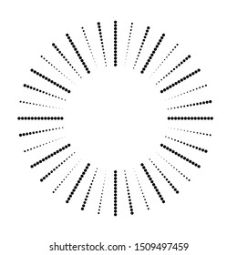 Radial halftone dots in Circle Form for comic books . fireworks Explosion background . Vector Illustration . Starburst
 round Logo . Circular Design element . Abstract Geometric star rays . Sunburst .