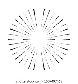 Radial halftone dots in Circle Form for comic books . fireworks Explosion background . Vector Illustration . Starburst
 round Logo . Circular Design element . Abstract Geometric star rays . Sunburst .