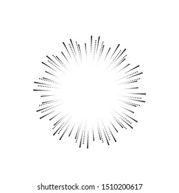 Radial halftone dots in Circle Form for comic books . fireworks Explosion background . Vector Illustration . Starburst
 round Logo . Circular Design element . Abstract Geometric star rays . Sunburst .