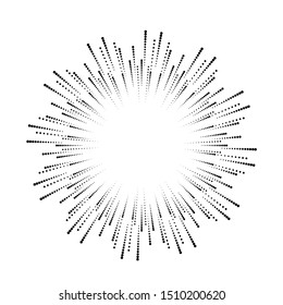 Radial halftone dots in Circle Form for comic books . fireworks Explosion background . Vector Illustration . Starburst
 round Logo . Circular Design element . Abstract Geometric star rays . Sunburst .