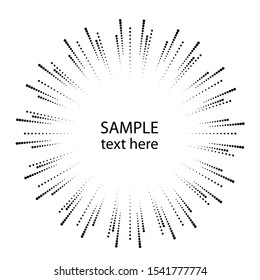 Radial halftone dots in Circle Form for comic books . fireworks Explosion background . Vector Illustration . Starburst
 round Logo . Circular Design element . Abstract Geometric star rays . Sunburst .