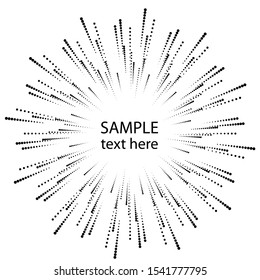 Radial halftone dots in Circle Form for comic books . fireworks Explosion background . Vector Illustration . Starburst
 round Logo . Circular Design element . Abstract Geometric star rays . Sunburst .