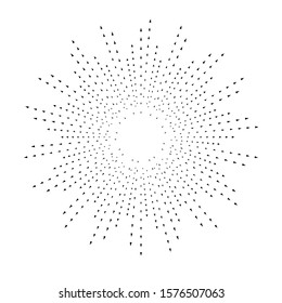 Radial halftone dots in Circle Form for comic books . fireworks Explosion background . Vector Illustration . Starburst
 round Logo . Circular Design element . Abstract Geometric star rays . Sunburst .
