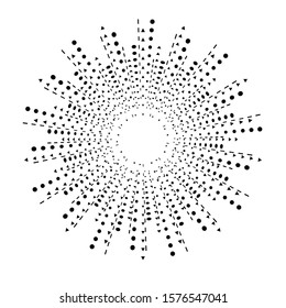 Radial halftone dots in Circle Form for comic books . fireworks Explosion background . Vector Illustration . Starburst
 round Logo . Circular Design element . Abstract Geometric star rays . Sunburst .