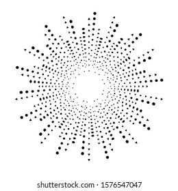 Radial halftone dots in Circle Form for comic books . fireworks Explosion background . Vector Illustration . Starburst
 round Logo . Circular Design element . Abstract Geometric star rays . Sunburst .