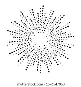 Radial halftone dots in Circle Form for comic books . fireworks Explosion background . Vector Illustration . Starburst
 round Logo . Circular Design element . Abstract Geometric star rays . Sunburst .