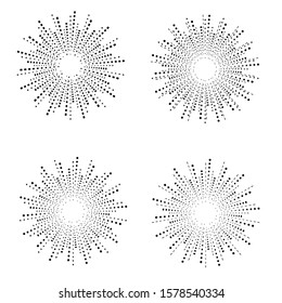 Radial halftone dots in Circle Form for comic books . fireworks Explosion background . Vector Illustration . Starburst
 round Logo . Circular Design element . Abstract Geometric star rays . Sunburst .