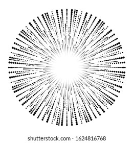 Radial halftone dots in Circle Form for comic books . fireworks Explosion background . Vector Illustration . Starburst
 round Logo . Circular Design element . Abstract Geometric star rays . Sunburst .