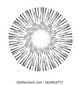 Radial halftone dots in Circle Form for comic books . fireworks Explosion background . Vector Illustration . Starburst
 round Logo . Circular Design element . Abstract Geometric star rays . Sunburst .