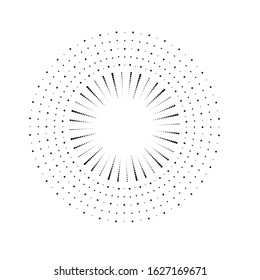 Radial halftone dots in Circle Form for comic books . fireworks Explosion background . Vector Illustration . Starburst
 round Logo . Circular Design element . Abstract Geometric star rays . Sunburst .