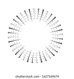 Radial halftone dots in Circle Form for comic books . fireworks Explosion background . Vector Illustration . Starburst
 round Logo . Circular Design element . Abstract Geometric star rays . Sunburst .