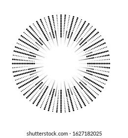 Radial halftone dots in Circle Form for comic books . fireworks Explosion background . Vector Illustration . Starburst
 round Logo . Circular Design element . Abstract Geometric star rays . Sunburst .