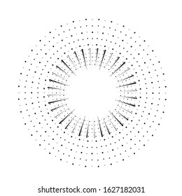 Radial halftone dots in Circle Form for comic books . fireworks Explosion background . Vector Illustration . Starburst
 round Logo . Circular Design element . Abstract Geometric star rays . Sunburst .