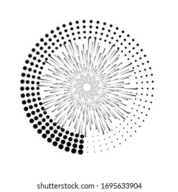 Radial halftone dots in Circle Form for comic books . fireworks Explosion background . Vector Illustration . Starburst
 round Logo . Circular Design element . Abstract Geometric star rays . Sunburst .