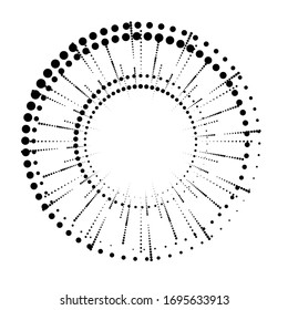 Radial halftone dots in Circle Form for comic books . fireworks Explosion background . Vector Illustration . Starburst
 round Logo . Circular Design element . Abstract Geometric star rays . Sunburst .