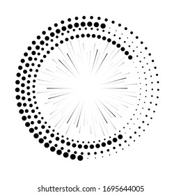 Radial-Halftone Punkte in Circle Form für Comics . Feuerwerk Explosionshintergrund . Vektorillustration Illustration . Starburst
 rundes Logo. Circular Design Element. Abstrakte geometrische Sternchen . Sonnenbrand.
