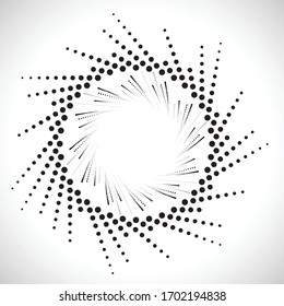 Radial halftone dots in Circle Form for comic books . fireworks Explosion background . Vector Illustration . Starburst
 round Logo . Circular Design element . Abstract Geometric star rays . Sunburst .