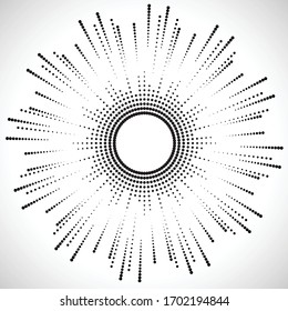 Radial halftone dots in Circle Form for comic books . fireworks Explosion background . Vector Illustration . Starburst
 round Logo . Circular Design element . Abstract Geometric star rays . Sunburst .