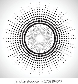 Radial-Halftone Punkte in Circle Form für Comics . Feuerwerk Explosionshintergrund . Vektorillustration Illustration . Starburst
 rundes Logo. Circular Design Element. Abstrakte geometrische Sternchen . Sonnenbrand.
