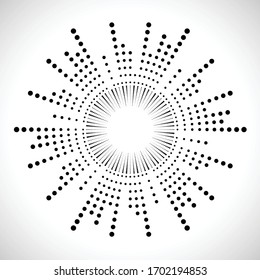 Radial halftone dots in Circle Form for comic books . fireworks Explosion background . Vector Illustration . Starburst
 round Logo . Circular Design element . Abstract Geometric star rays . Sunburst .