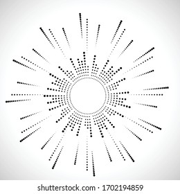 Radial-Halftone Punkte in Circle Form für Comics . Feuerwerk Explosionshintergrund . Vektorillustration Illustration . Starburst
 rundes Logo. Circular Design Element. Abstrakte geometrische Sternchen . Sonnenbrand.