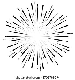 Radial Halftone Dots In Circle Form For Comic Books . Fireworks Explosion Background . Vector Illustration . Starburst
 Round Logo . Circular Design Element . Abstract Geometric Star Rays . Sunburst .