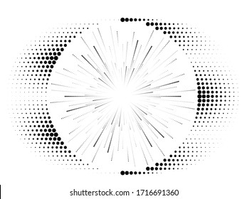 Radial halftone dots in Circle Form for comic books . fireworks Explosion background . Vector Illustration . Starburst
 round Logo . Circular Design element . Abstract Geometric star rays . Sunburst .