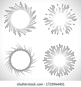 Radial halftone dots in Circle Form for comic books . fireworks Explosion background . Vector Illustration . Starburst
 round Logo . Circular Design element . Abstract Geometric star rays . Sunburst .