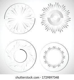 Puntos de semitono radiales en forma de círculo para libros de historietas . fuegos artificiales Fondo de explosión . Ilustración vectorial. Starburst
 logotipo redondo. Elemento de diseño circular. Resumen Rayos de estrellas geométricas . Salto de sol.