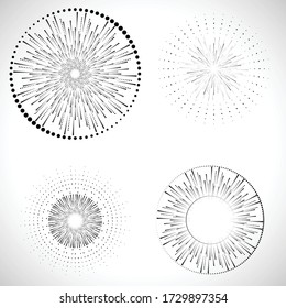 Puntos de semitono radiales en forma de círculo para libros de historietas . fuegos artificiales Fondo de explosión . Ilustración vectorial. Starburst
 logotipo redondo. Elemento de diseño circular. Resumen Rayos de estrellas geométricas . Salto de sol.