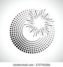 Radial halftone dots in Circle Form for comic books . fireworks Explosion background . Vector Illustration . Starburst
 round Logo . Circular Design element . Abstract Geometric star rays . Sunburst .