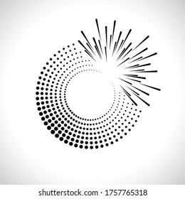 Radial halftone dots in Circle Form for comic books . fireworks Explosion background . Vector Illustration . Starburst
 round Logo . Circular Design element . Abstract Geometric star rays . Sunburst .